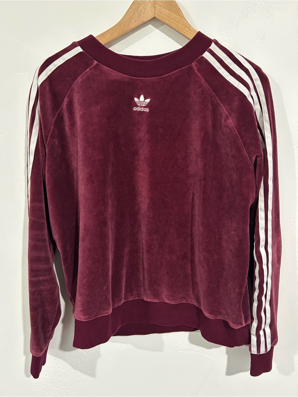 Adidas Women's Burgundy Velour Crewneck with White Three-Stripes